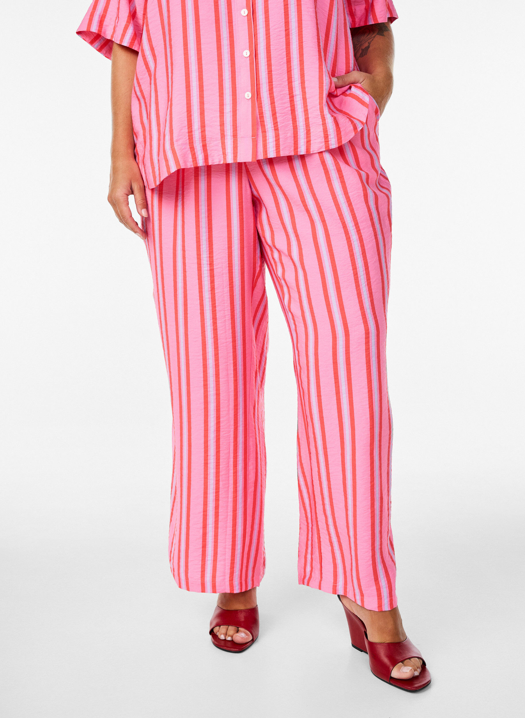 ZizzifashionStriped trousers with a high waist and wide legs, Pink, Model image number 2