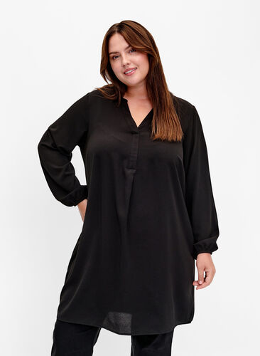 Long-sleeved V-neck dress, Black, Model image number 0