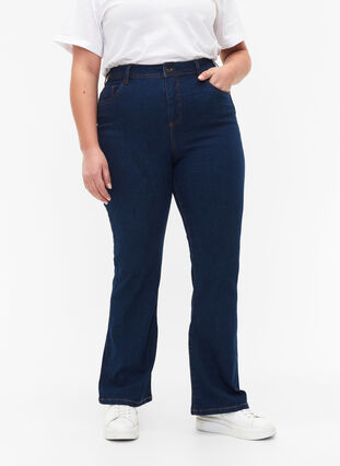 FLASH - High waisted jeans with bootcut, Blue denim, Model image number 2