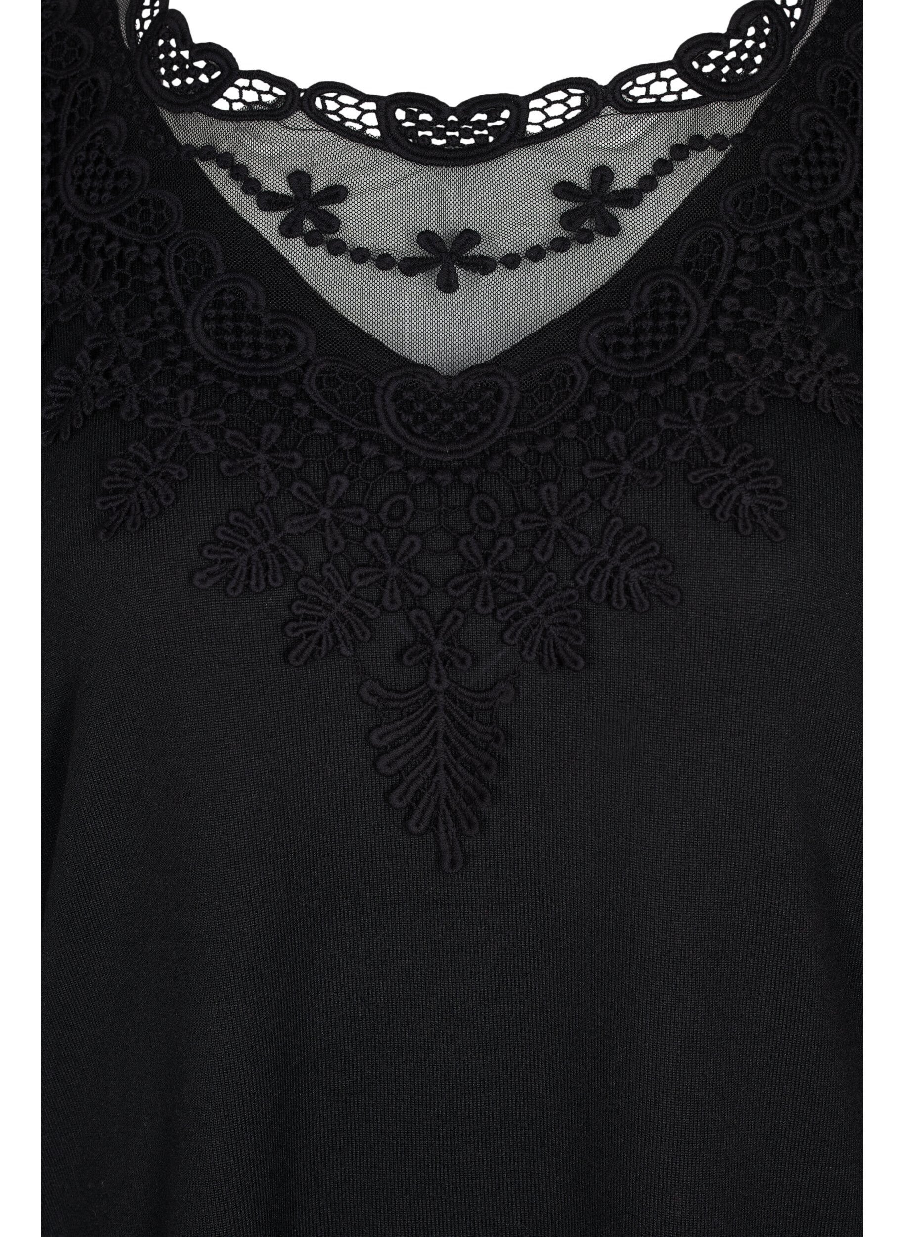 Zizzifashion Long-sleeved blouse with lace details, Black, Packshot image number 2