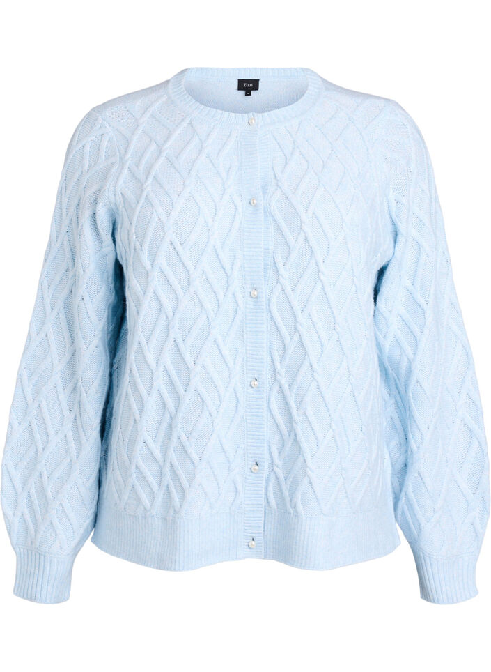 Cable knit cardigan with pearl buttons, Light Blue, Packshot image number 0