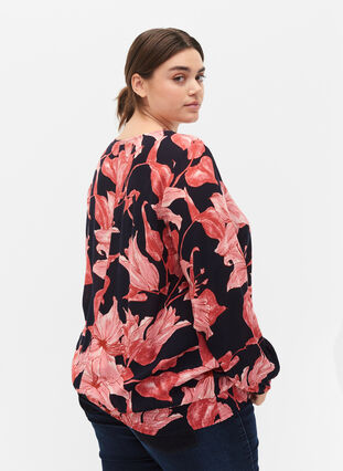 Viscose blouse with smock, N. Sky Sketch Flower, Model image number 1