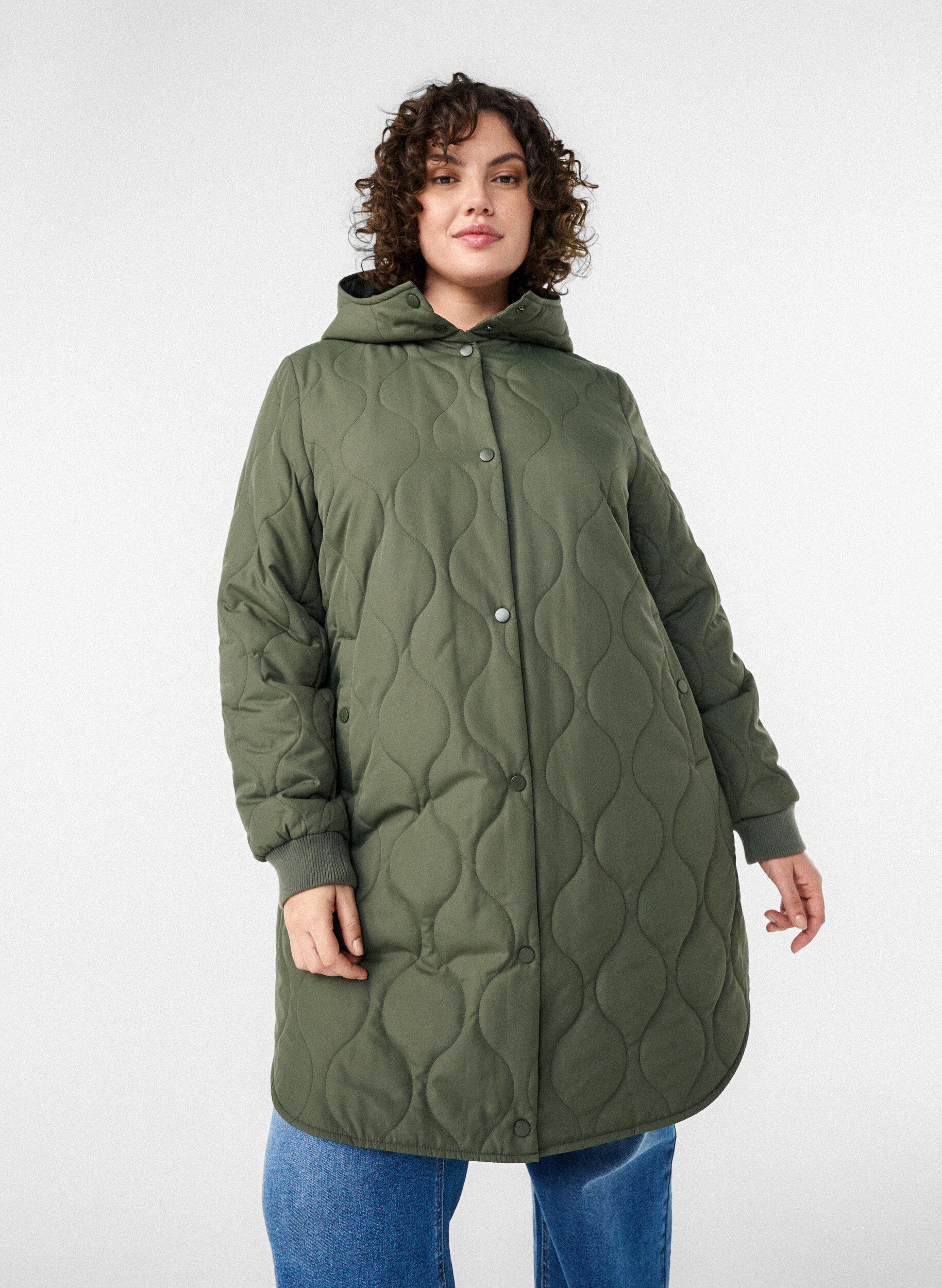 Zizzifashion Mid-length quilted jacket with a hood, Green, Model image number 3