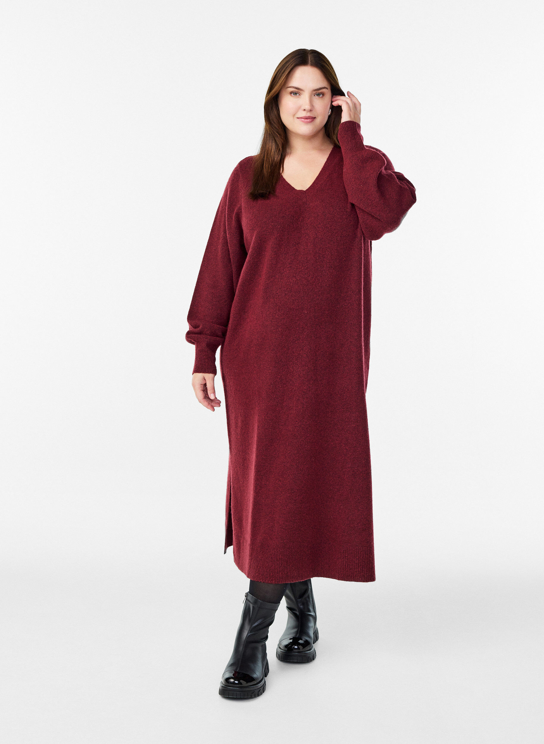 ZizzifashionLong-sleeved knit dress with V-neck, Red, Model image number 0