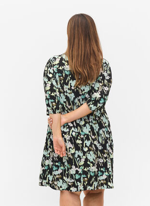 Dress with buttons and 3/4 sleeves, Black Green AOP, Model image number 1