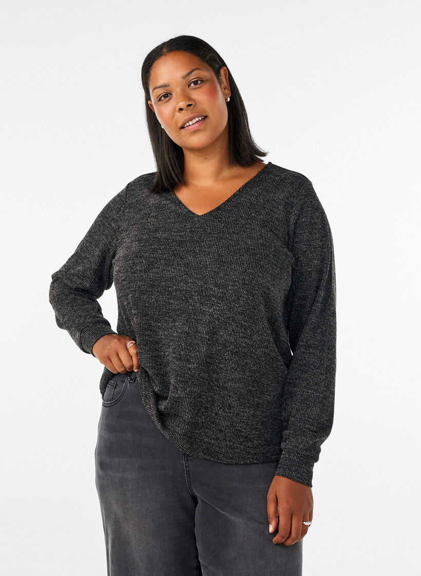 Jersey blouse with a V-neck and long sleeves, Black, Model image number 0