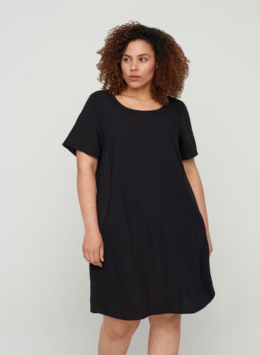 Short-sleeved viscose dress with pockets, Black, Model image number 0