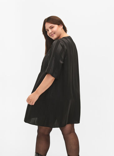 A-line dress with stripes and 1/2 sleeves, Black, Model image number 1