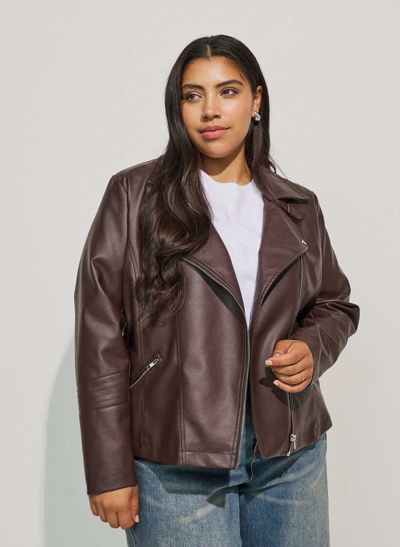 Biker jacket in faux leather, Brown, Model image number 0