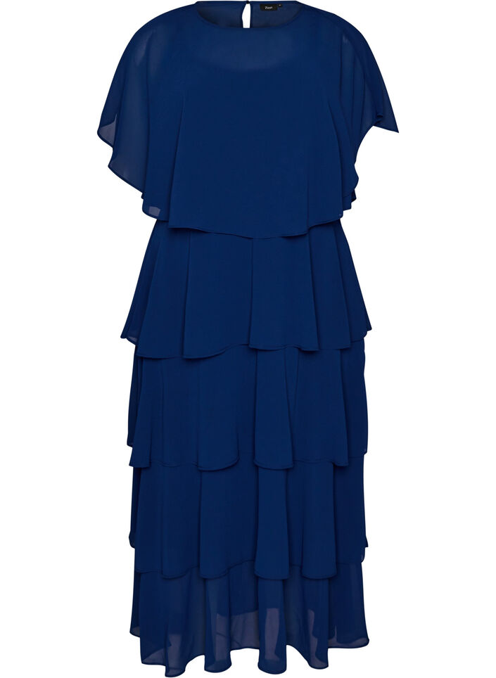 Maxi dress with ruffle layers and detachable cape, Blue, Packshot image number 0