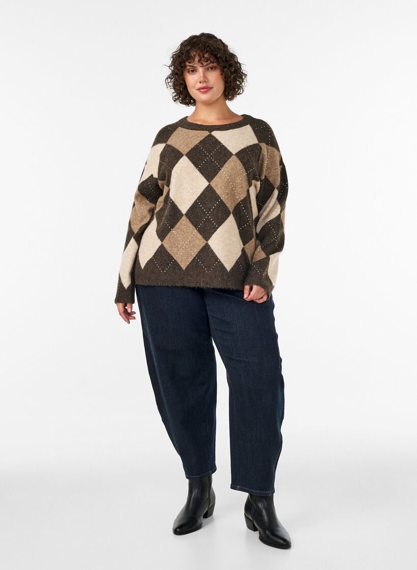 Knitted top with argyle pattern and rhinestones, Brown, Model image number 1