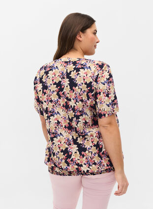 Short-sleeved floral viscose blouse with smock, Night sky Flower AOP, Model image number 1