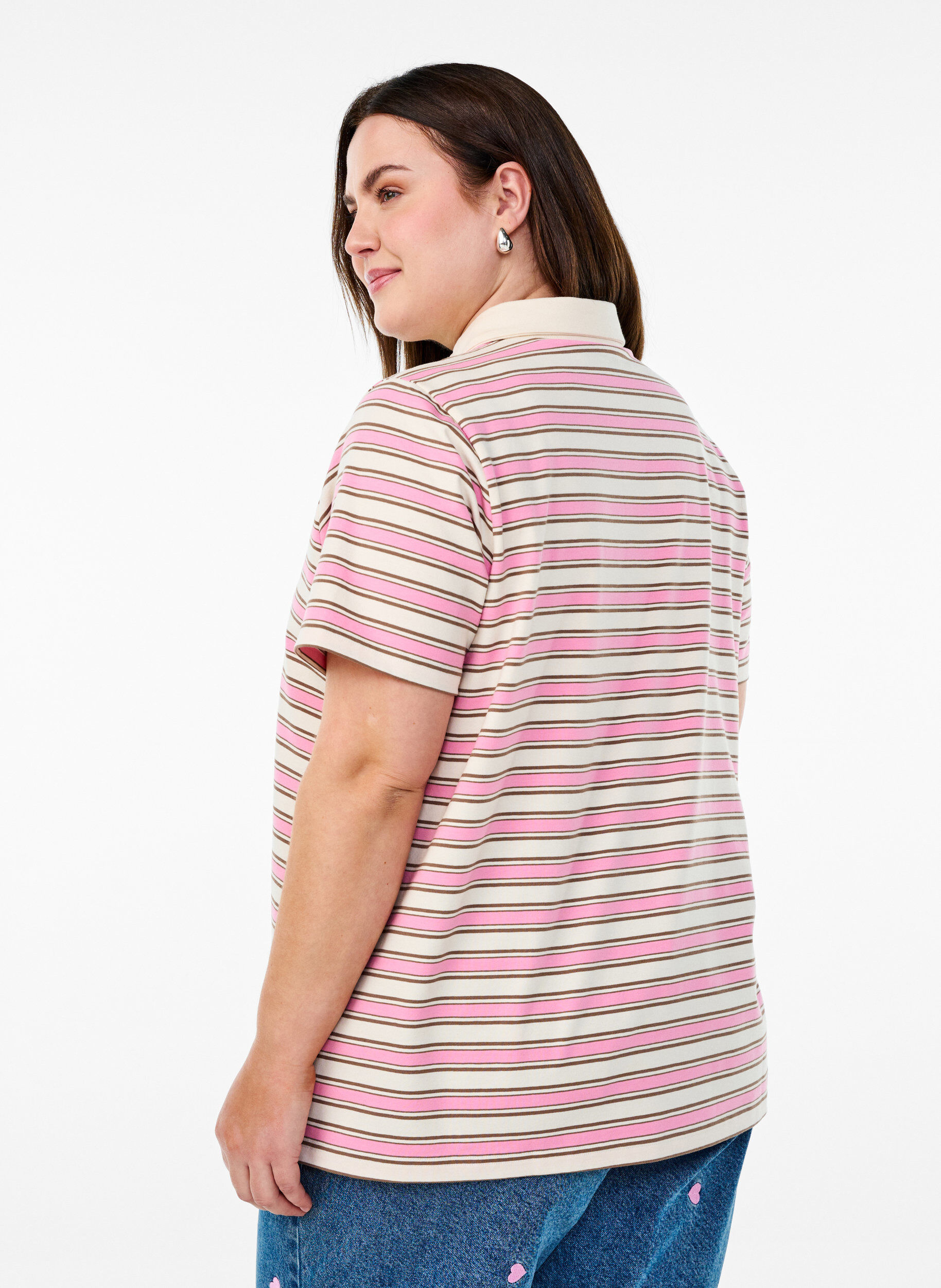 Zizzifashion Striped polo shirt with short sleeves, Pink, Model image number 2