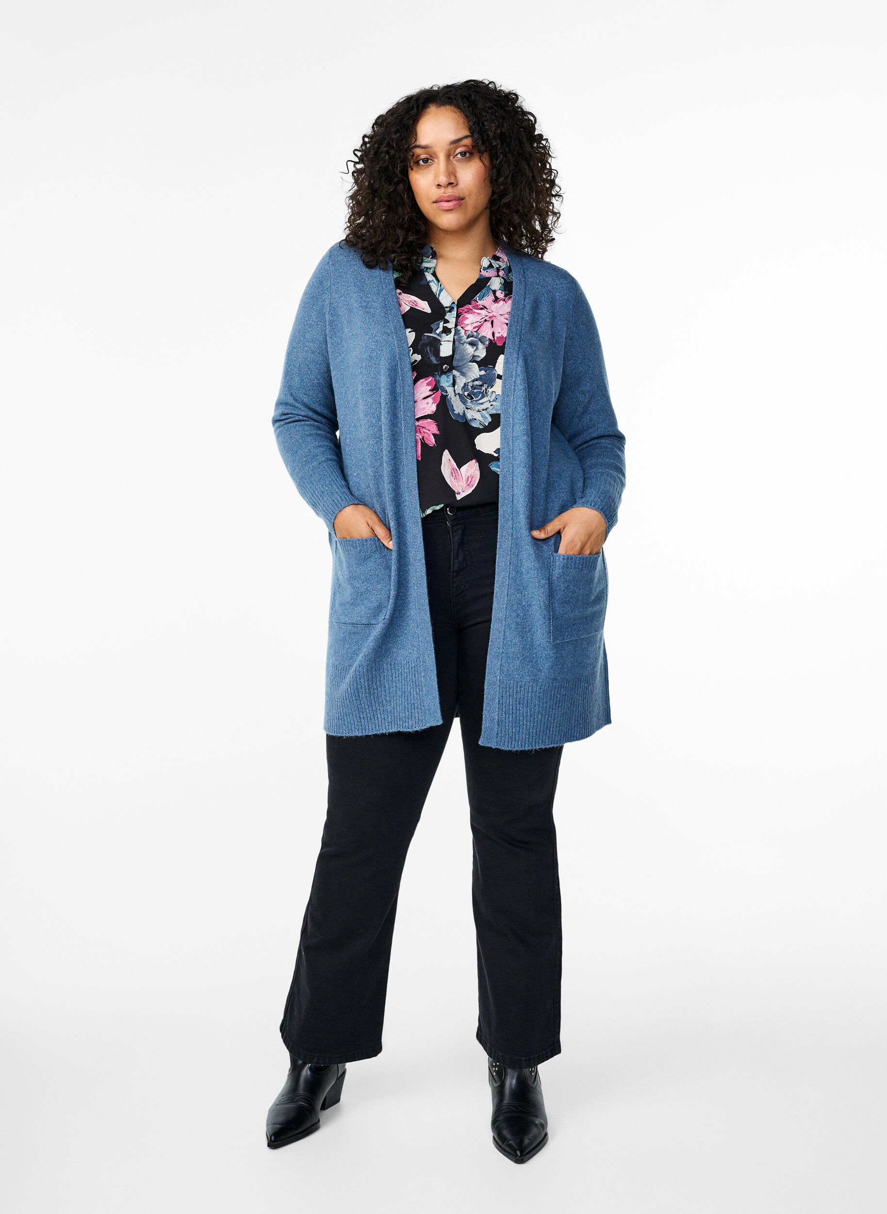 ZizzifashionRibbed Knit Cardigan with Pockets, Blue, Model image number 1