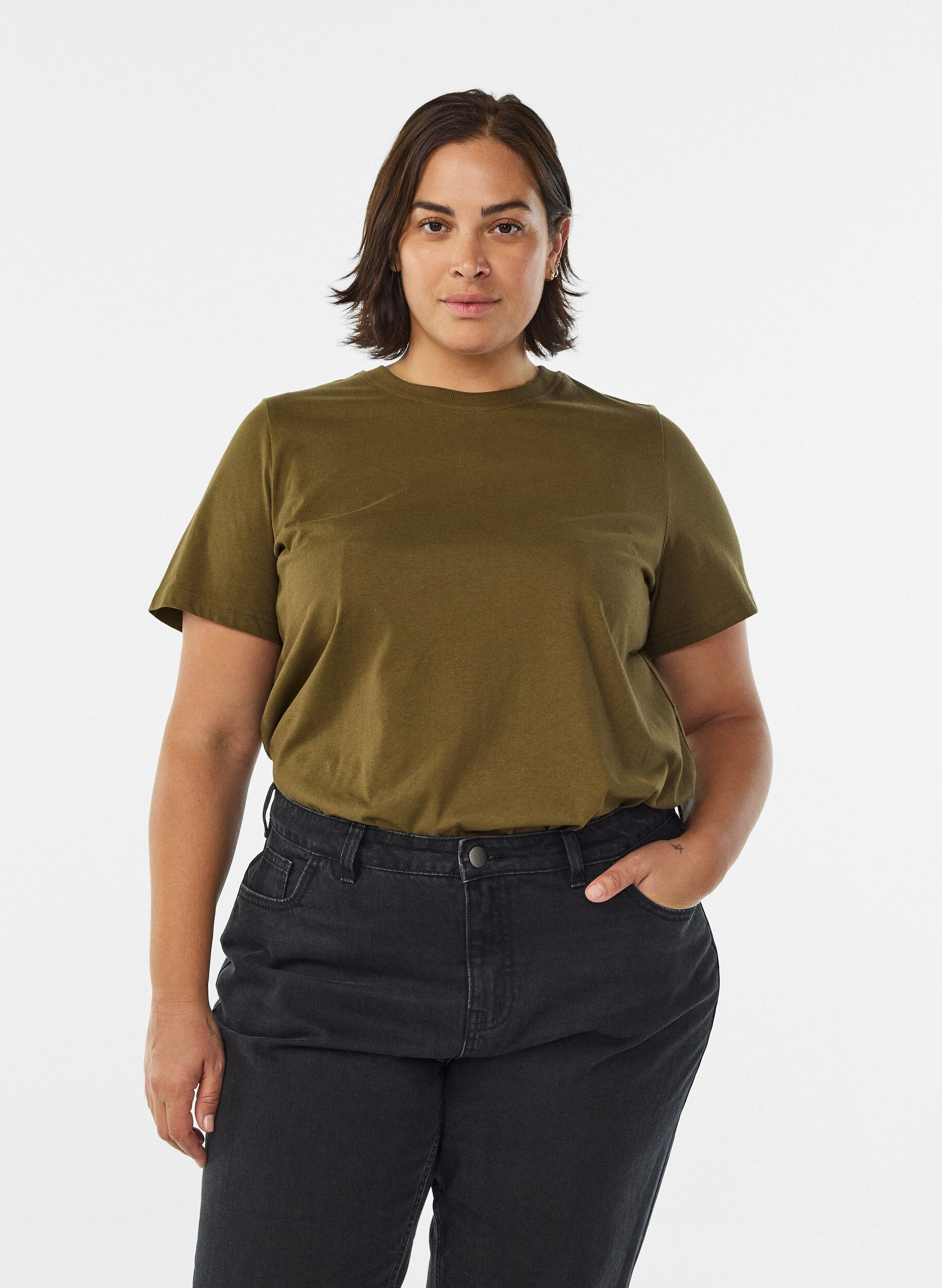 Basic cotton T-shirt with round neck, Green, Model