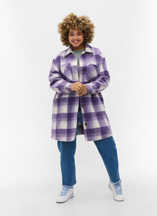 Checked shirt jacket with buttons and pockets, Purple Check, Model image number 2