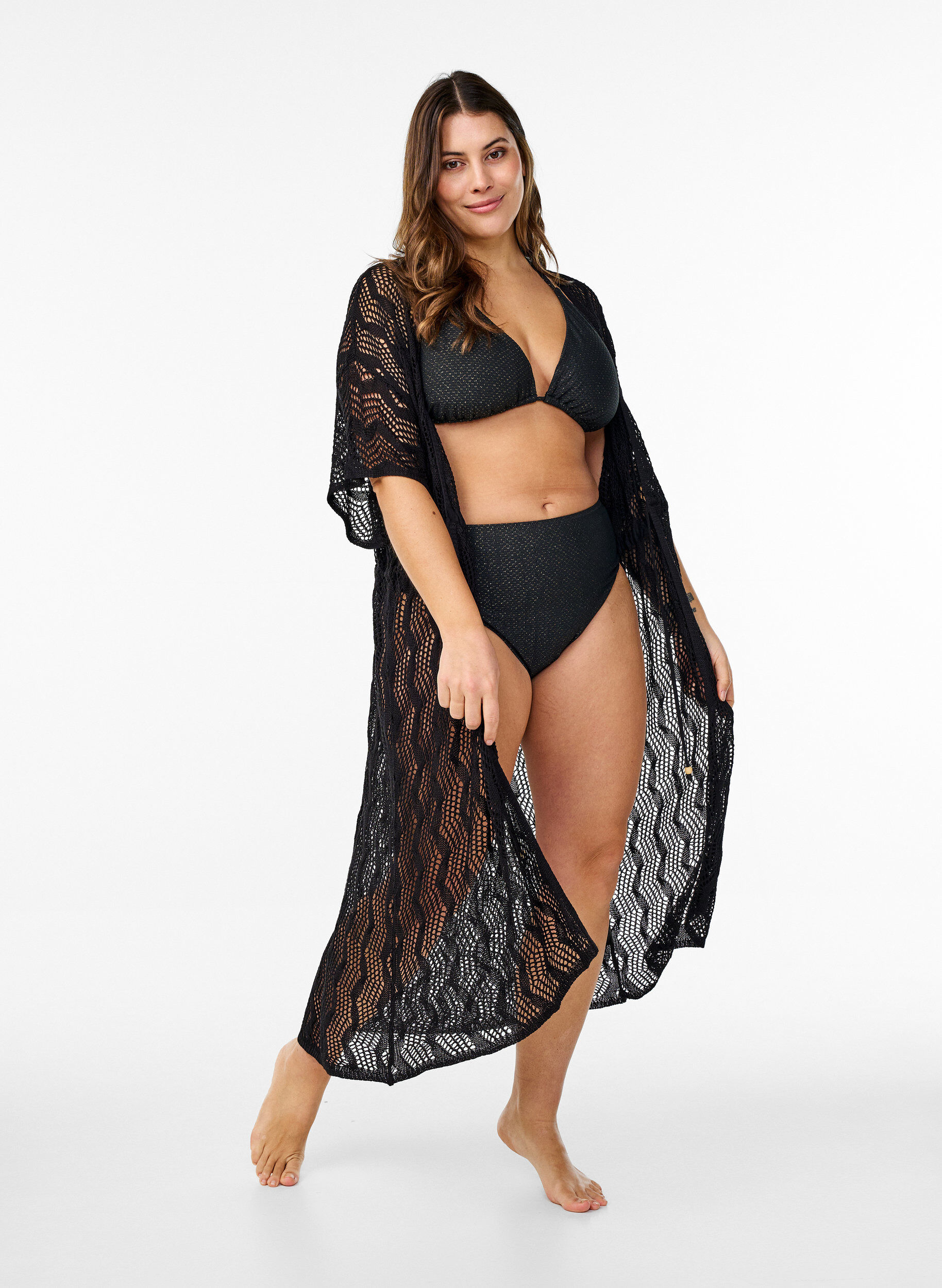 Beach kimono with tie belt, Black, Model