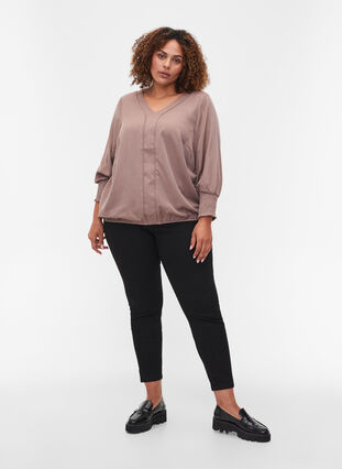 Blouse with v-neck and smock detail, Deep Taupe, Model image number 2