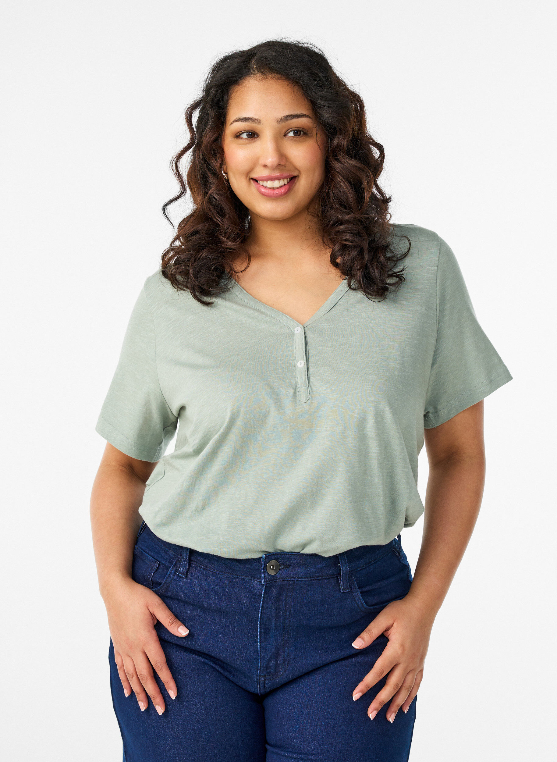 ZizzifashionT-shirt with button detail, Green, Model image number 0