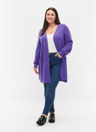 Long knitted cardigan with balloon sleeves, Purple Opulence, Model image number 2