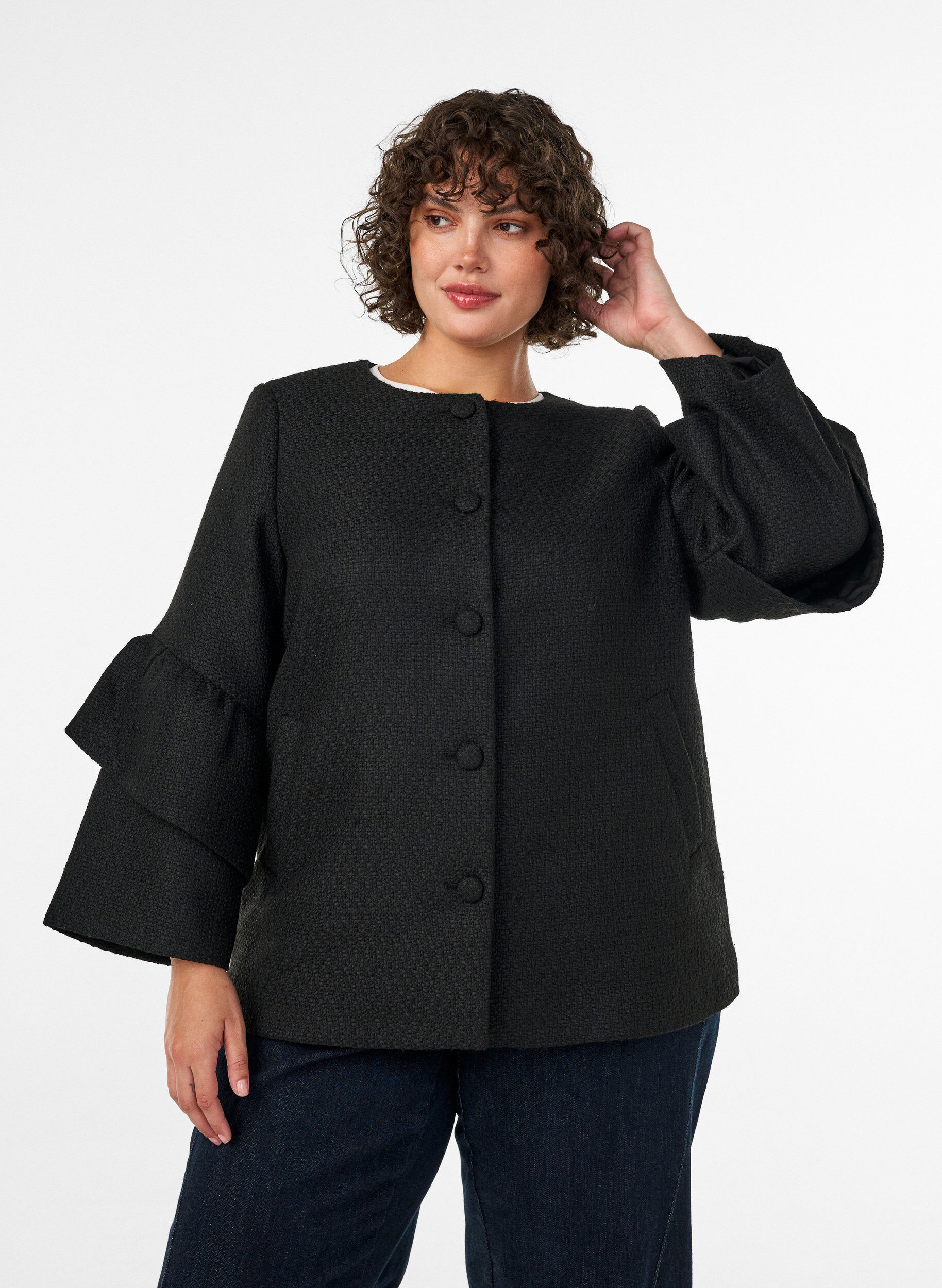 ZizzifashionBoucl&eacute; jacket with ruffle details, Black, Model image number 0