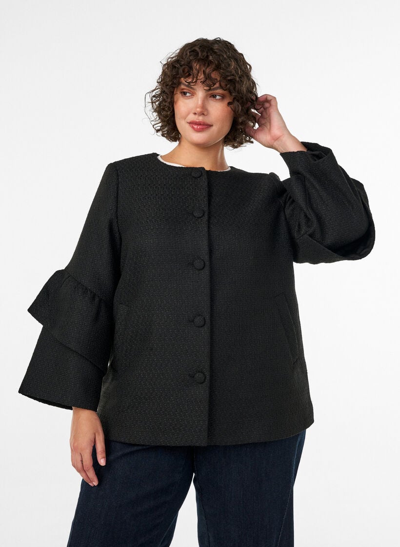 Boucl&eacute; jacket with ruffle details, Black, Model image number 0
