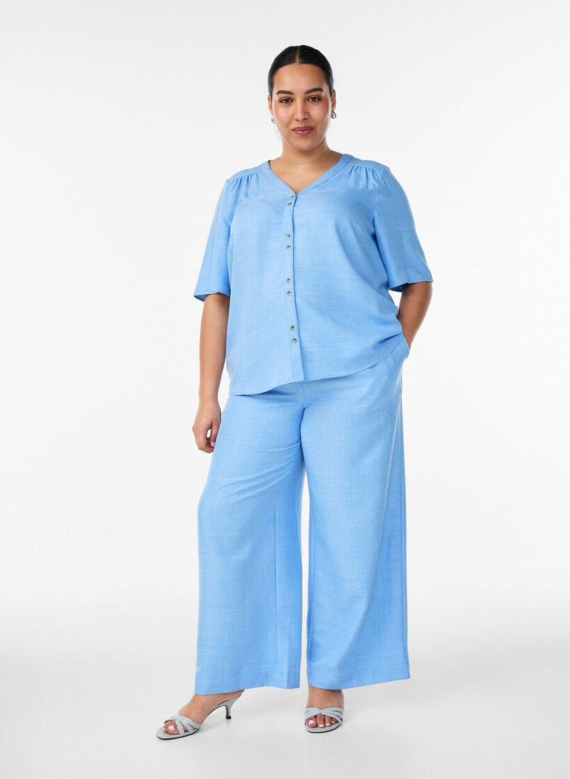 V-neck shirt blouse with short sleeves, Light Blue, Model image number 1