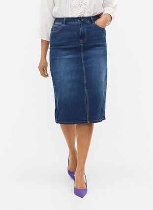 Denim midi skirt with slits, Dark blue denim, Model image number 2