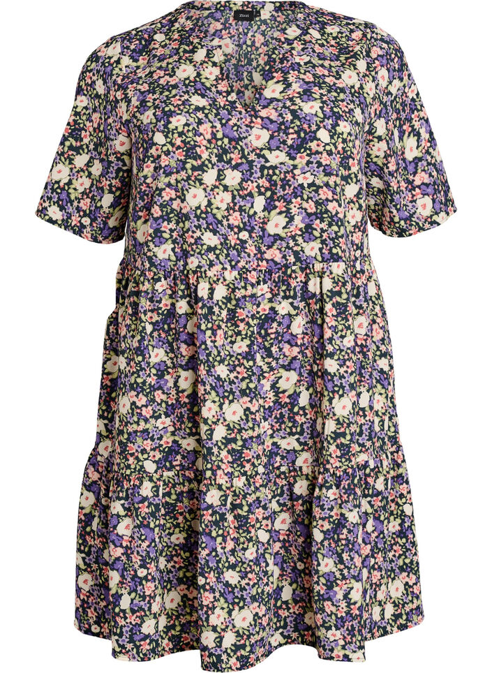 Short sleeve dress with a-line and cutlines, Purple, Packshot image number 0