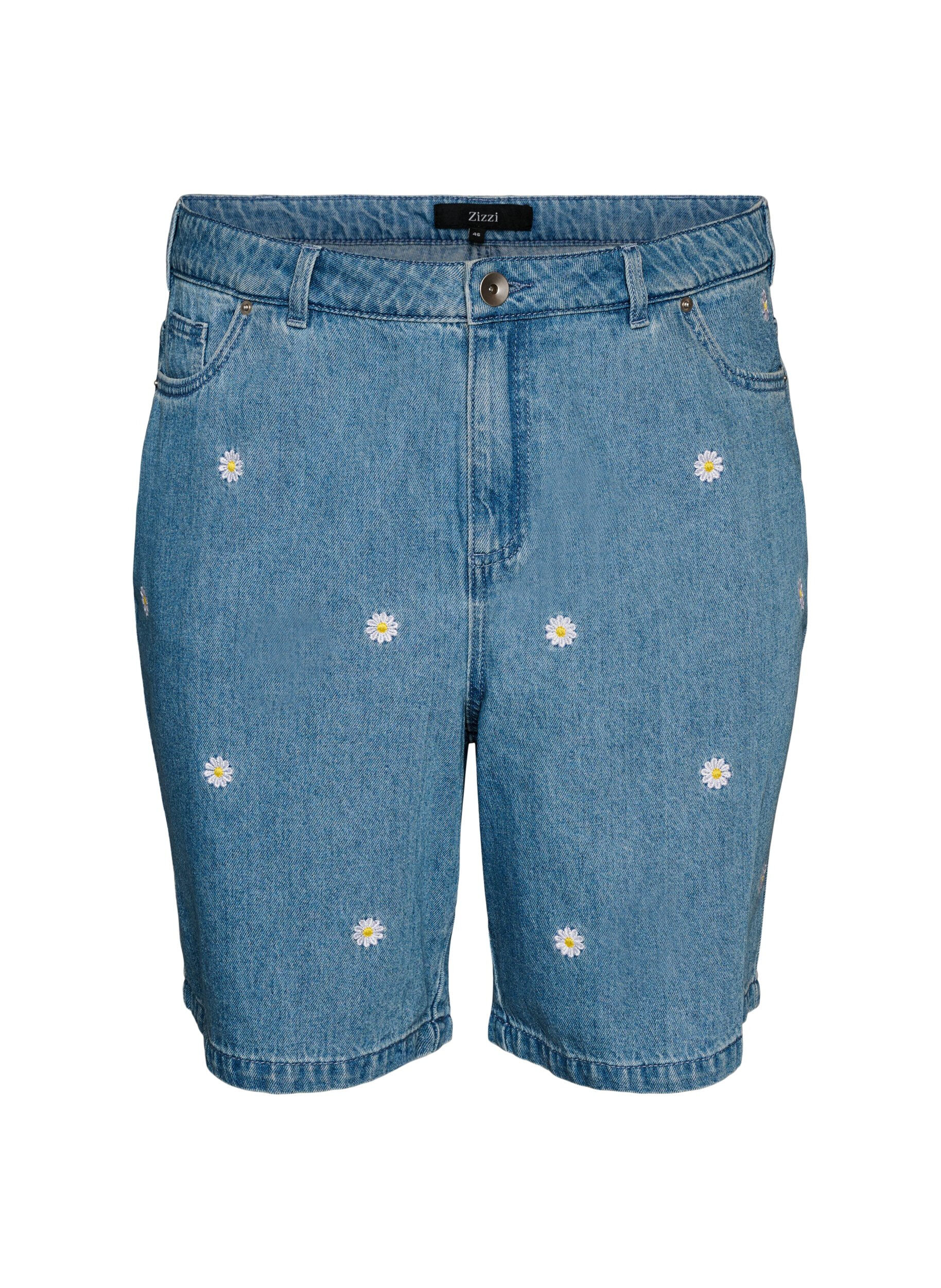 Zizzifashion High-waisted denim shorts with floral embroidery, Light Blue, Packshot image number 0