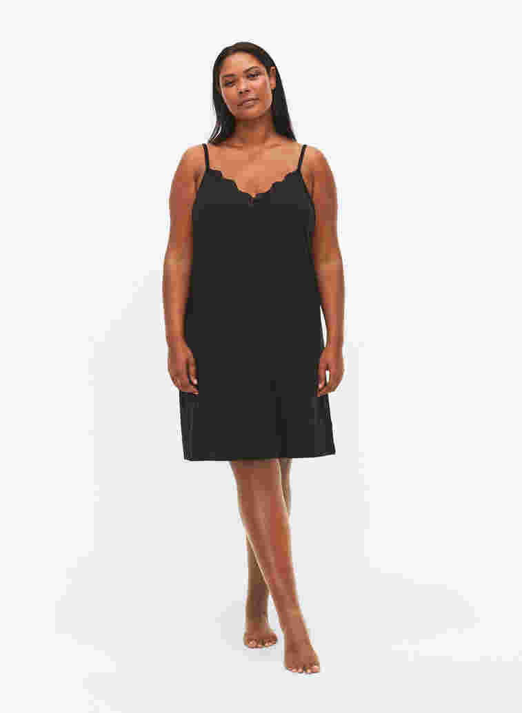 Viscose nightgown with lace trim, Black, Model image number 2