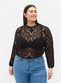 Lace top with round neckline, Black, Model