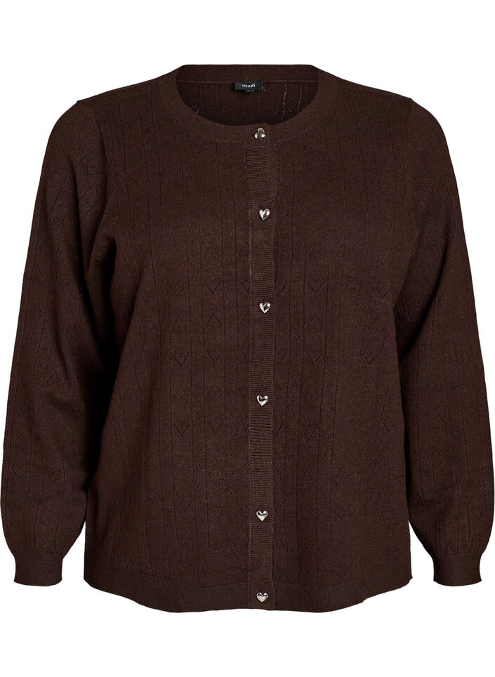 Knitted cardigan with heart eyelet embroidery, Brown, Packshot image number 0