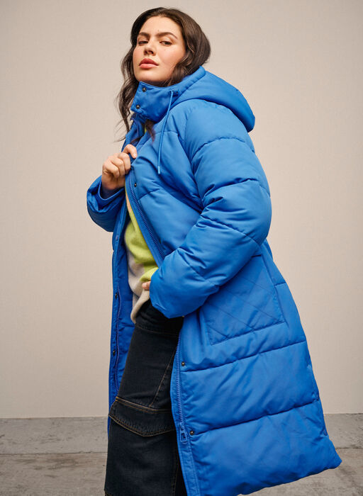 Long puffer jacket with pockets and hood, French Blue, Image image number 0