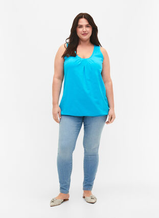 Cotton top with round neck and lace trim, Blue Atoll, Model image number 1