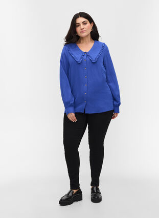 Viscose shirt with wide collar, Dazzling Blue, Model image number 2