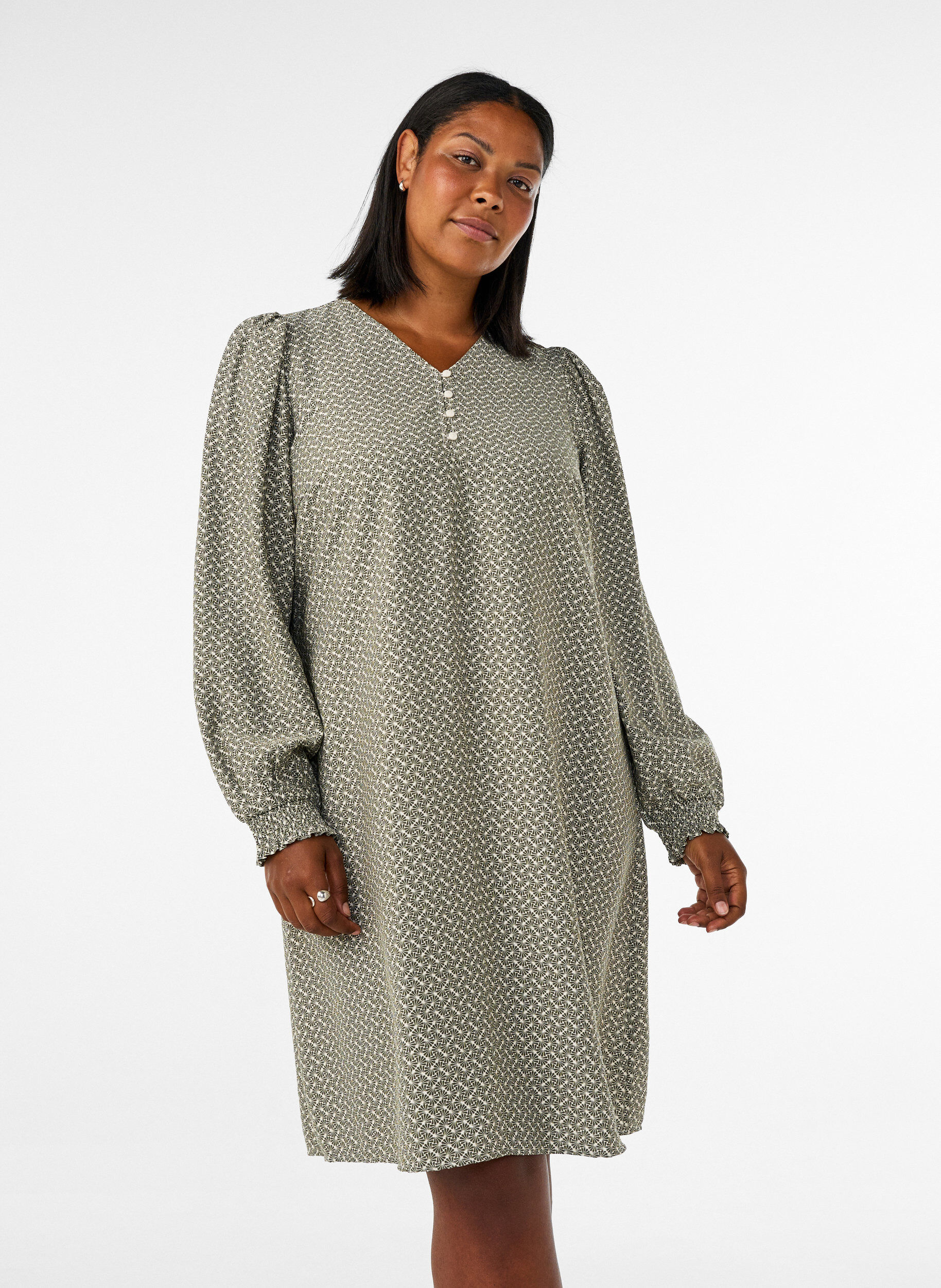 ZizzifashionPatterned viscose dress with long sleeves, Green, Model image number 0