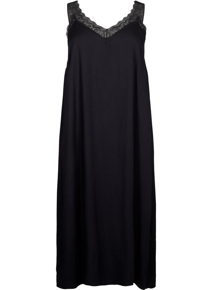 Midi-length strap dress in viscose with lace, Black, Packshot image number 0