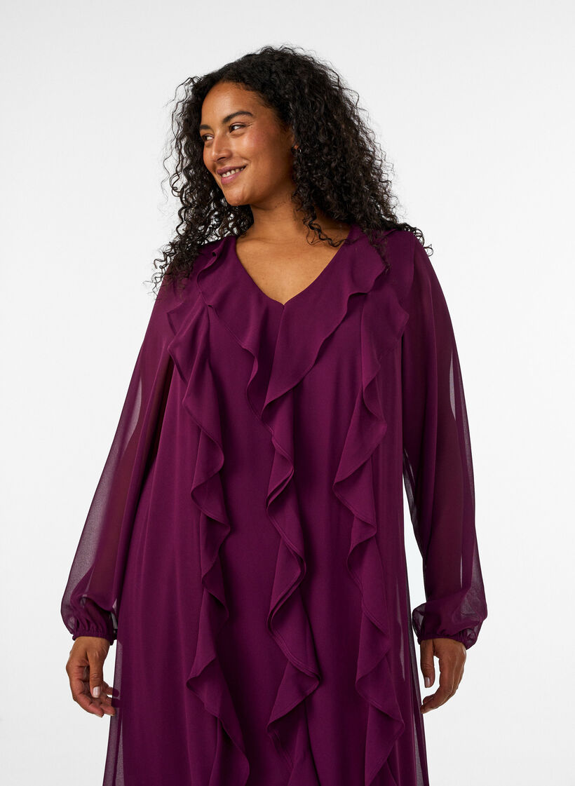 Party dress with ruffle details and V-neck, Red, Model image number 2