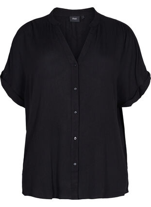 Short-sleeved viscose shirt with v-neck, Black, Packshot image number 0