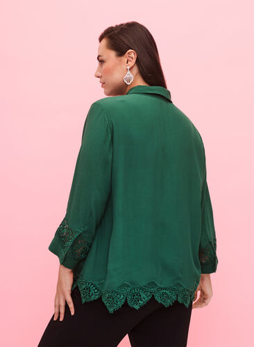 Viscose shirt with 3/4 sleeves and embroidery details, Hunter Green, Model image number 1