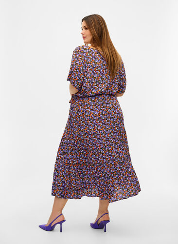 Short-sleeved midi dress in viscose, Purple Ditsy Flower, Model image number 0
