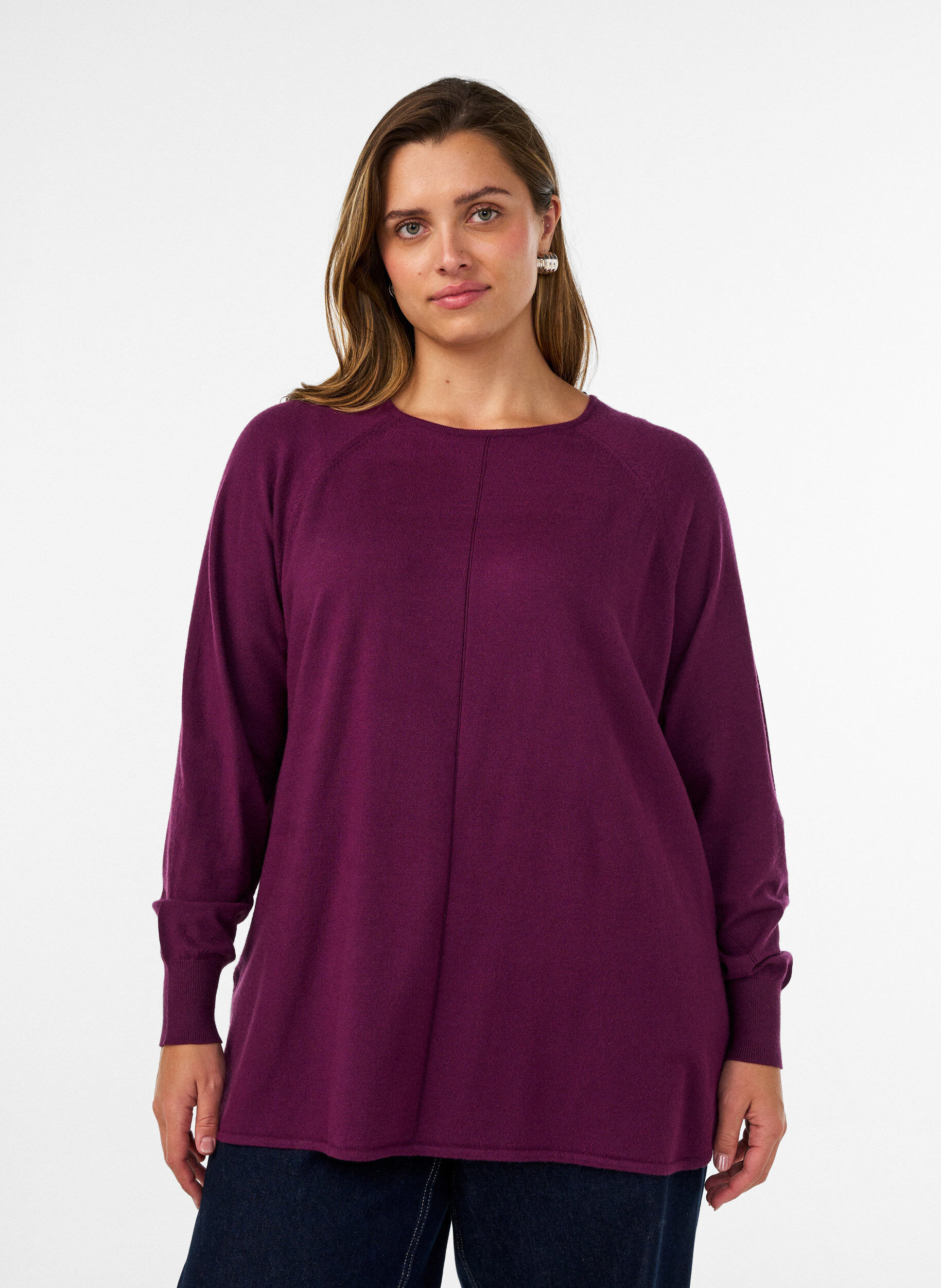 ZizzifashionKnitted blouse with round neck and knitted pattern, Red, Model image number 0
