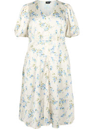 Floral satin dress with puff sleeves, Off White Blue Fl., Packshot
