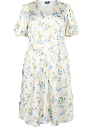 Floral satin dress with puff sleeves, Off White Blue Fl., Packshot image number 0