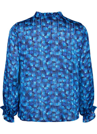 Long sleeve blouse with ruffles and print, Navy Blazer Leaf AOP, Packshot image number 1