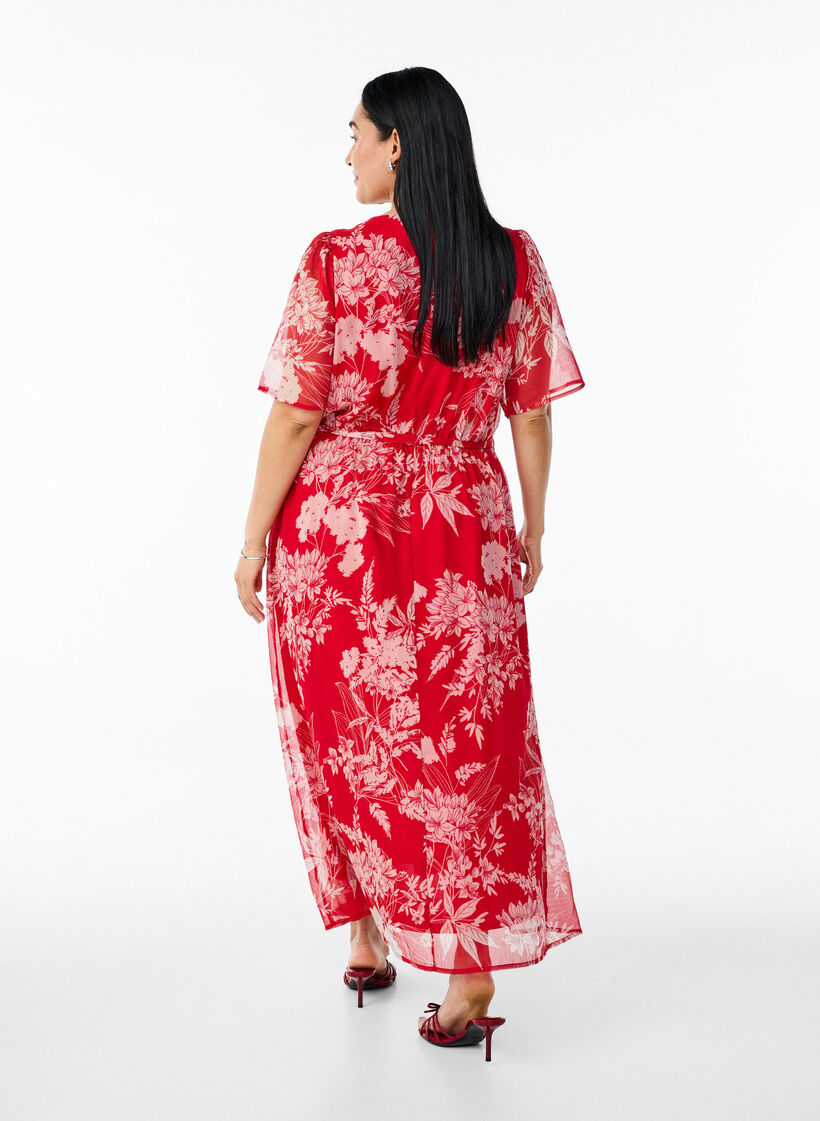 Long chiffon dress with floral print, Red Flower AOP, Model image number 1