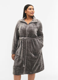 Patterned dressing gown with zipper and pockets, Grey, Model