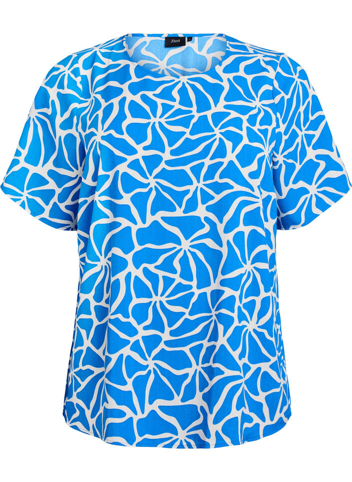 Short-sleeved blouse with round neck, Blue, Packshot image number 0