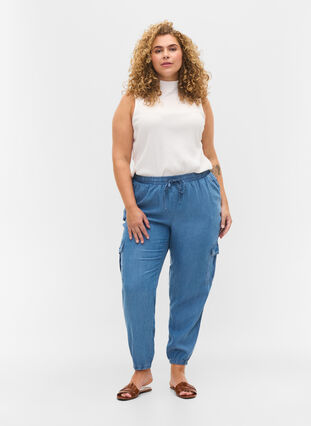 Denim cargo trousers with pockets, Light blue denim, Model image number 0